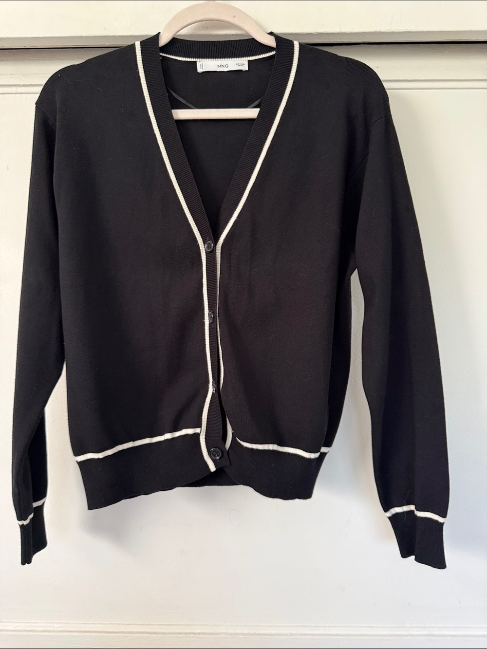 Mango Black V-Neck Cardigan with Cream Contrast Trim